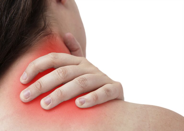 woman holding painful neck